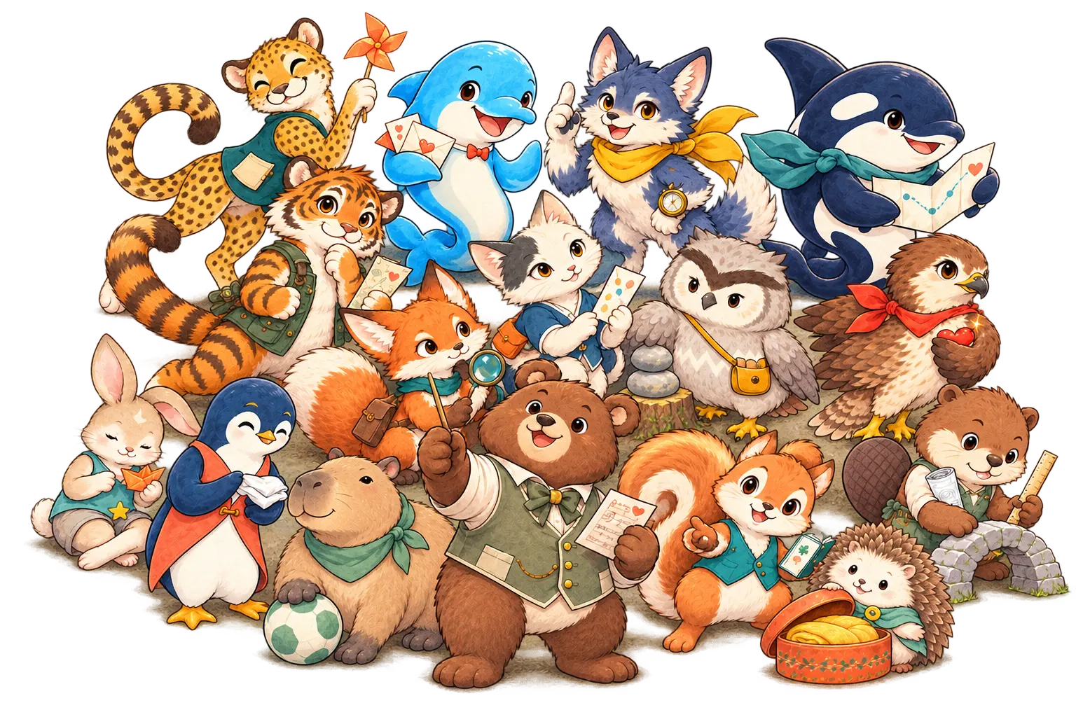 16タイプの動物キャラクターが集まった集合イラスト